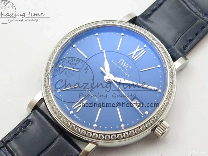 MIROTIME 0429 Portofino 37mm SS V7F 1:1 Best Edition Blue Dial Diamonds Bezel on Blue Leather Strap A Chic 7093